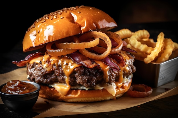 A burger with onions and cheese sits next to a pile of fries.