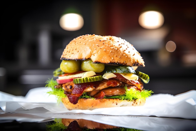 A burger with a pickle on it sits on a napkin.