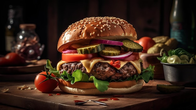 A burger with pickles and tomatoes on it