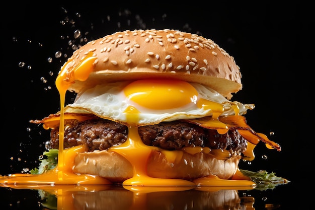 Burger with Runny Egg Yolk Drizzling Down