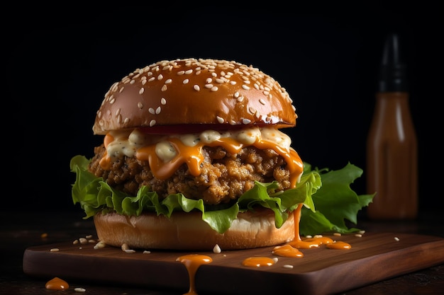 A burger with a sauce on it and a bottle of beer on the side.