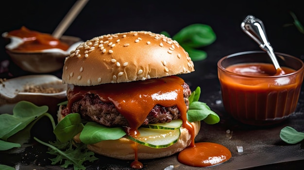 A burger with sauce and sauce on it