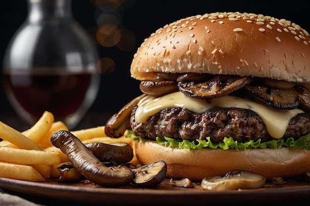 Burger with sauted mushrooms and Swiss cheese