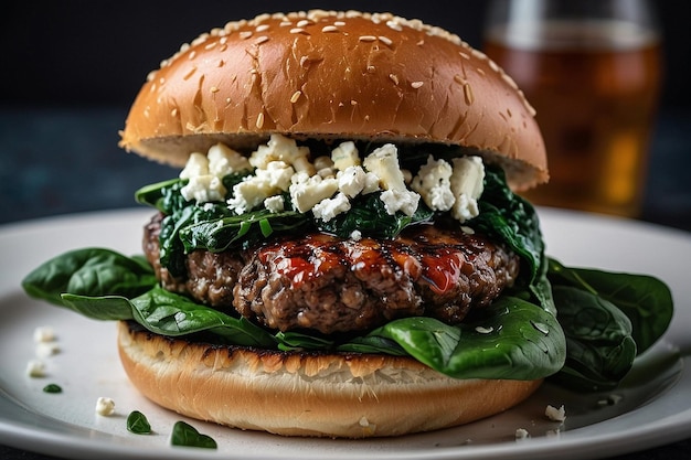 Burger with sauted spinach and feta