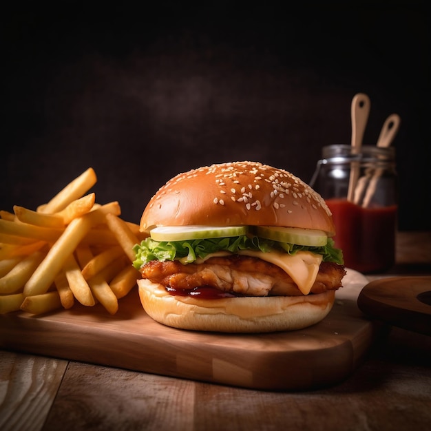 A burger with a sesame seed bun and french fries on a wooden board.