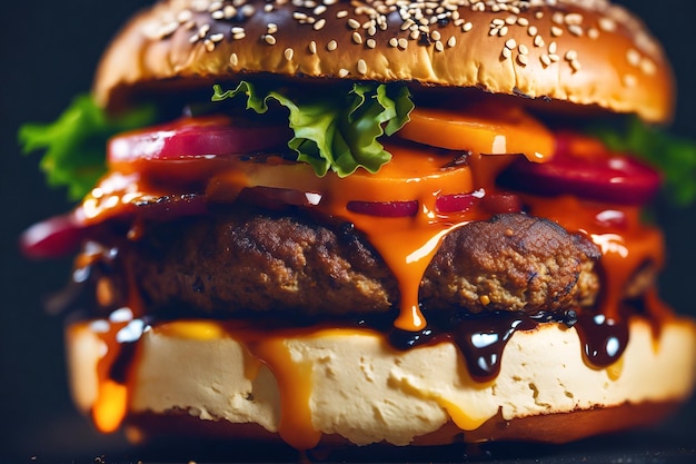 A burger with a sesame seed bun and a sesame seed bun.