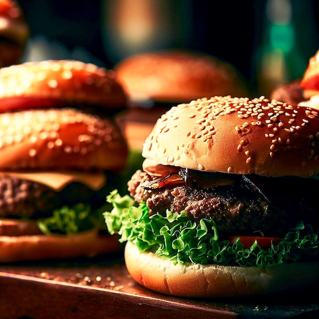 A burger with sesame seeds on it is on a table