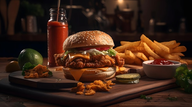 A burger with a side of fries and a ketchup bottle on the side.