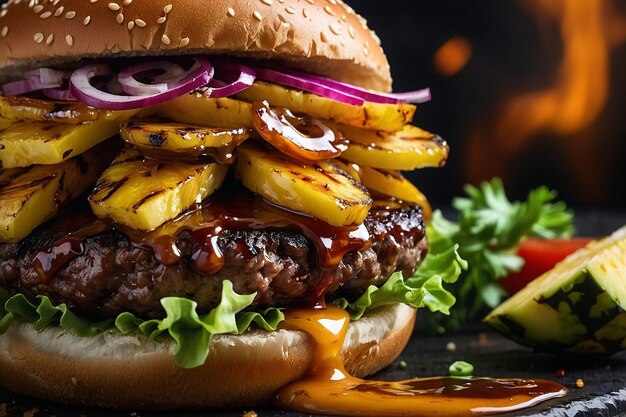 Burger with a slice of grilled pineapple and teriyaki