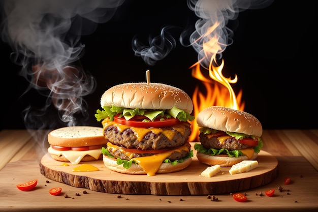 A burger with a smokey background