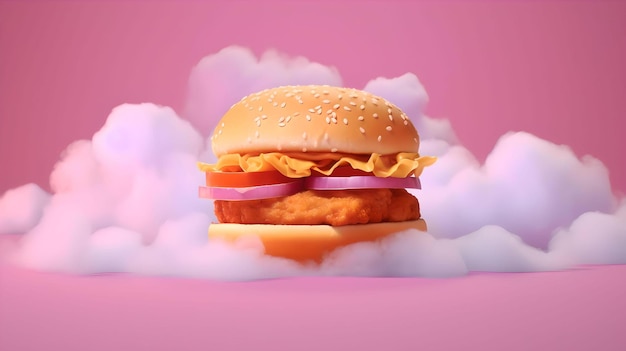 Burger with sprinkle and milk under a small cloud on a pink background generative ai