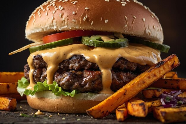 Burger with sweet potato fries and chipotle aioli