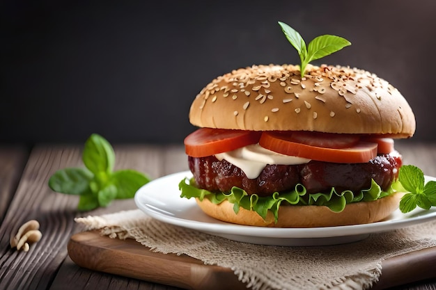 A burger with tomato sauce and lettuce on a plate