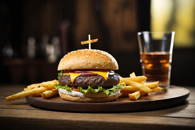 Burger on a wooden plate