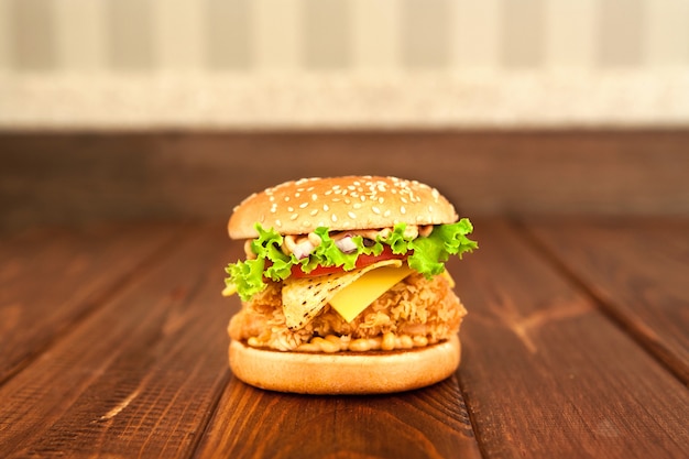 Burger on a wooden surface