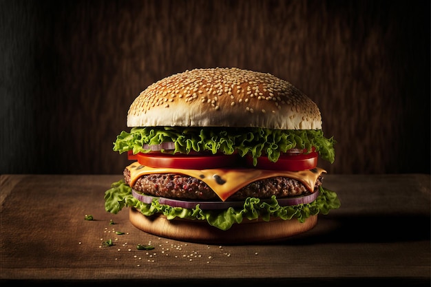 Burger on a wooden table Created with generative Ai technology