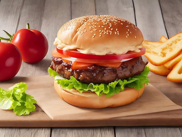 A Burger Above On The Wooden Table