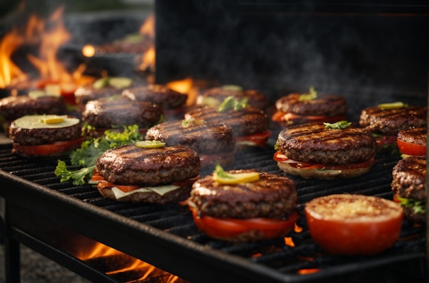 Burgers cooking on a charcoal grill