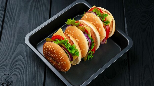 Burgers in a take away box, Thai style lunch boxes ready to eat.