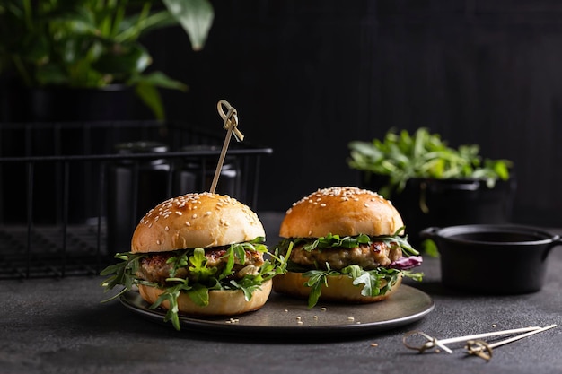 Burgers with chicken cutlet and greens