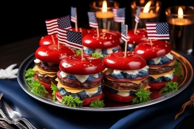 Burgers with usa flags arrangement