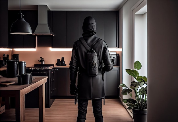 A burglar dressed in all black stands with his back to the camera in a modern apartment Generate Ai