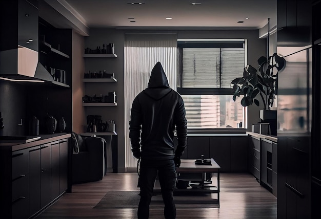 A burglar dressed in all black stands with his back to the camera in a modern apartment Generate Ai