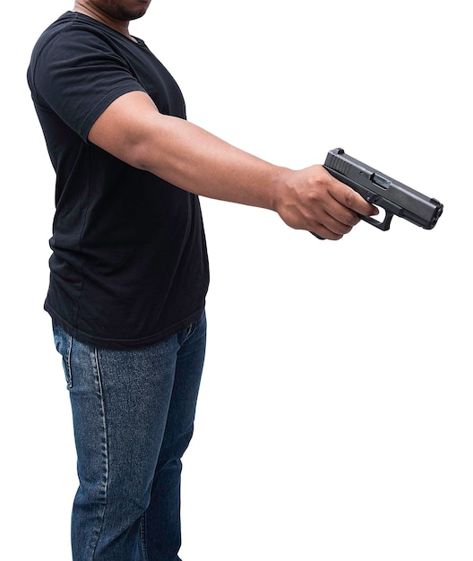 Burglar or terrorist Holding pistol in various poses on background isolated with clipping path