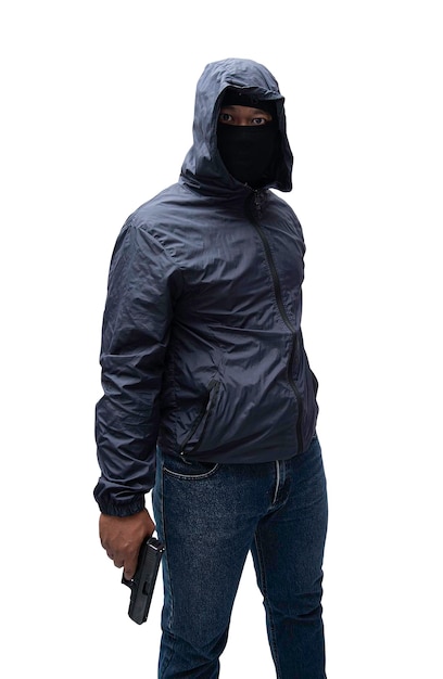 Burglar or terrorist Holding pistol in various poses on background isolated with clipping path