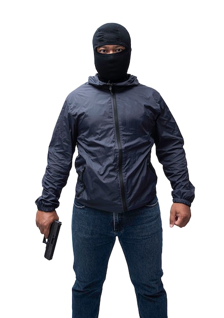 Burglar or terrorist Holding pistol in various poses on background isolated with clipping path