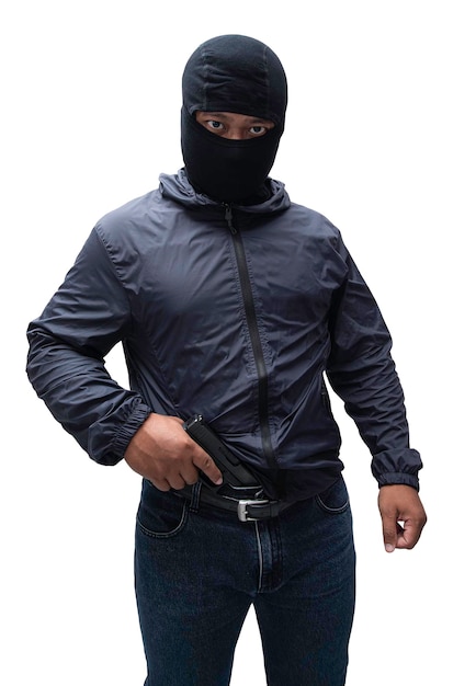 Burglar or terrorist Holding pistol in various poses on background isolated with clipping path