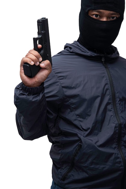 Burglar or terrorist Holding pistol in various poses on background isolated with clipping path