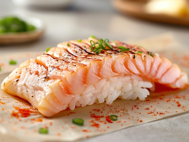 Buri Nigiri sushi on ceramic plate with sesame close up Japanese cuisine