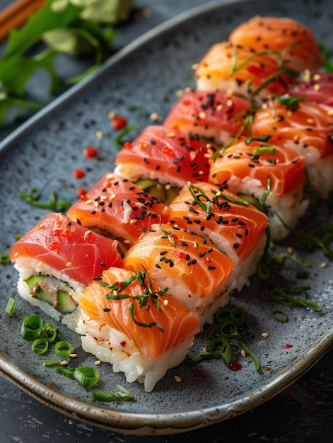 Buri Nigiri sushi on dark background close up Japanese sushi on ceramic plate