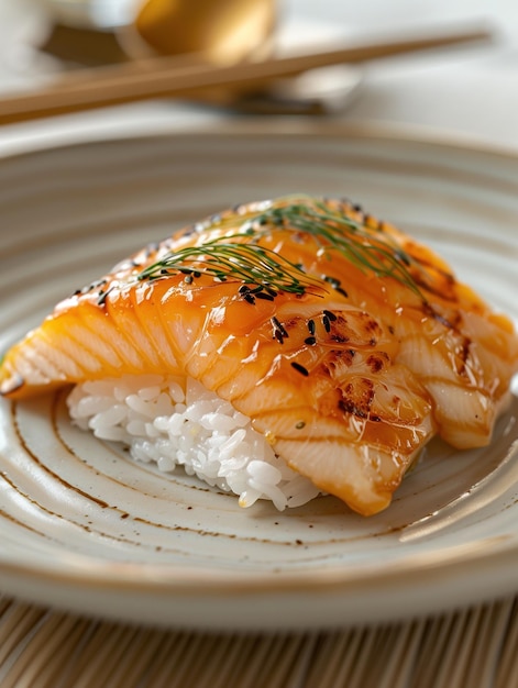 Buri Nigiri sushi with sesame on a light background ceramic plate