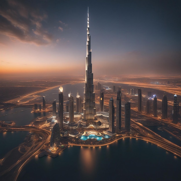 Burj Khalifa and Dubai Downtown at Dusk United Arab Emirates