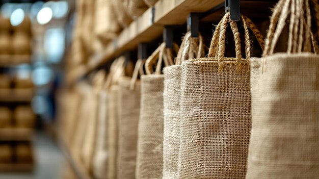 Photo burlap bags hanging on a shelf in a store