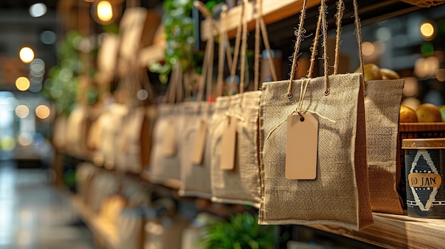 Photo burlap bags hanging on a wooden shelf