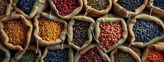 burlap bags overflowing with a diverse array of beans including black red yellow longlegged green roundshaped goldenuki brown navy blue yellow and white varieties