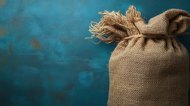 Photo a burlap sack lies on a blue surface the sack39s texture and loose strings contrast with the smooth surface