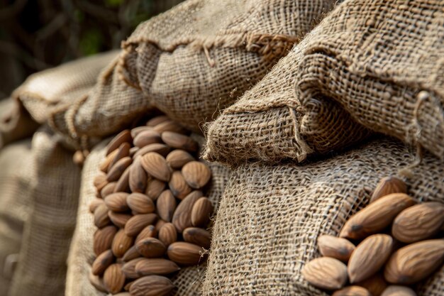 Photo burlap sacks full of almonds closeup