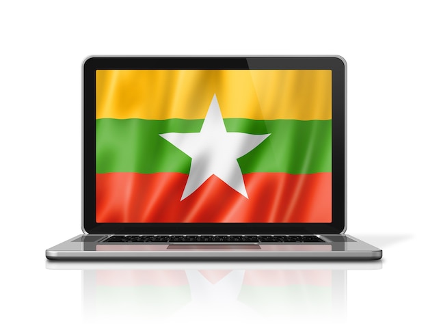 Burma Myanmar flag on laptop screen isolated on white. 3D illustration render.