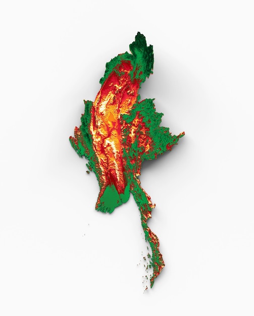 Photo burma myanmar map with the flag colors red green and yellow shaded relief map 3d illustration