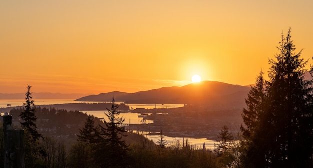 Burnaby Mountain Park in sunset time Overlooking the upper arms of Burrard Inlet Burnaby BC Canada