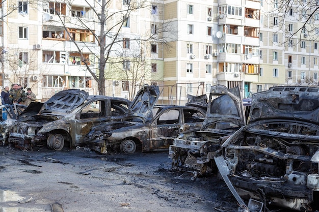 Burned cars as a result of the bombing of Kyiv Ukraine