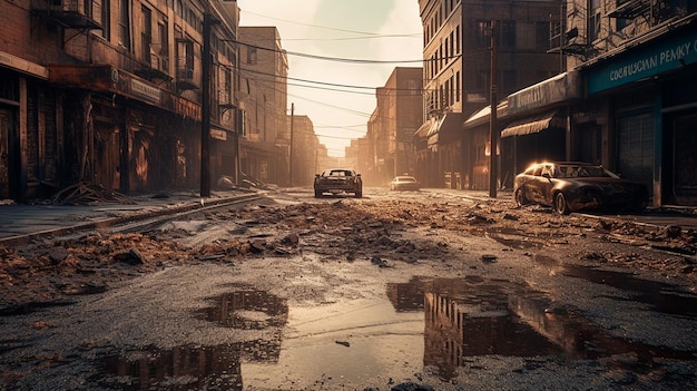 A burned city street with no life apocalyptic scene Generative AI