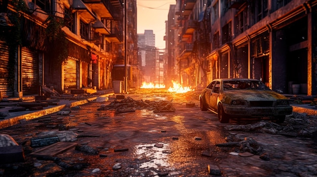 A burned city street with no life Generative AI illustrator