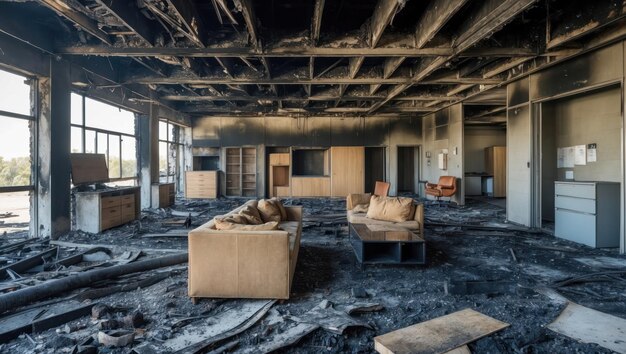 Photo a burned interior space featuring charred furniture and a sense of loss