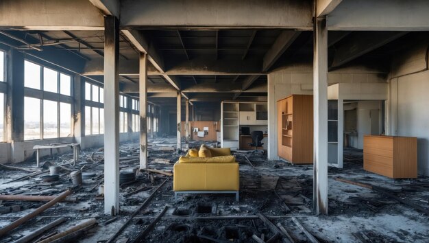 Photo a burned interior space featuring charred furniture and a sense of loss