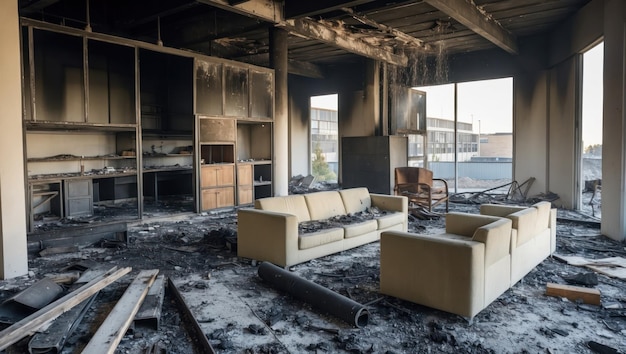 Photo a burned interior space featuring charred furniture and a sense of loss